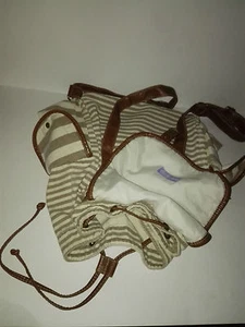 Claire's Leather & Striped Canvas Backpack Napsack,3 pouches,magnet & snap flaps - Picture 1 of 5