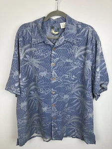 Banana Cabana Mens XL Hawaiian 100% Silk Pocket Shirt Blue White Button Up BD - Picture 1 of 12