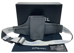 Auth CHANEL Letter Logo Nylon Gray Water-Bottle Card Waist Bag W/Box BLR-002 - Picture 1 of 16