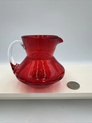 Red  Ruby Hand blown Glass Small Pitcher / Creamer with Clear Handle 3.25” Tall - Image 1 of 4