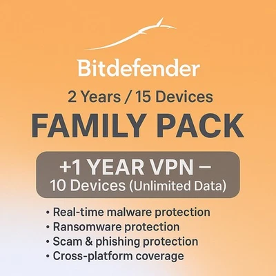 Bitdefender Family Pack 2026- 2 Years 15 Devices + 1 Year  UNLIMITED VPN - Image 1 of 4