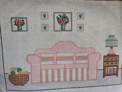 Shabby Chic~Living Room Scene~Knitting Basket~HP Needlepoint Canvas~Large - Image 1 of 2