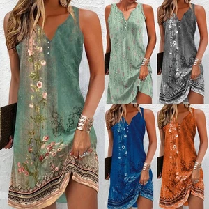 Women Floral Beach Dress Ladies Boho Summer Holiday Button Sun Dress Size 6-16 - Picture 1 of 19