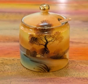 ⭐VTG Noritake Mustard Condiment Cup Jar + Lid + Spoon Tree in the Meadow Painted - Picture 1 of 10