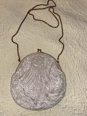 Vintage Beaded Purse/Clutch White With Faux Gold Hardware Pocket Satin Lining - Image 1 of 4