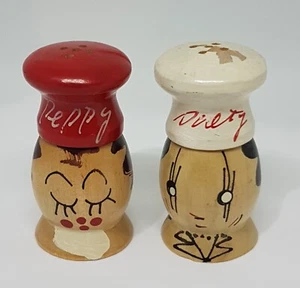Collectable Vintage Salt Pepper Shakers Wooden Faces Salty & Peppy Japan 6cm - Picture 1 of 8