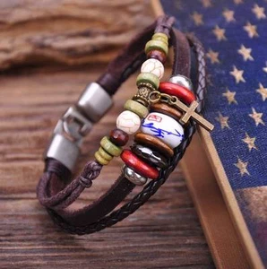 G58 Silver New Beach Leather Wood & Stone Beads Cross Bangle Bracelet Cuff Men's - Picture 1 of 6
