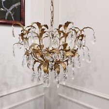 Mid-Century Chandelier Vintage Gilt Metal Glass Droplet Restored and Rewired