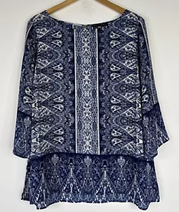 Rose & Olive Paisley Print 3/4 Sleeve Side Slits Blouse Womens Plus Size 1X Blue - Picture 1 of 11
