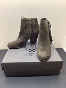 Vince Camuto Hayzee Italian Olive Suede Ankle Boot W/ Zipper & Fringe 8.5M - Picture 1 of 12