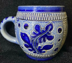 Handmad Ceramic Cup Vintage Hand Drawing Engraved Old Coffe Blue Stamp Rare - Picture 1 of 7