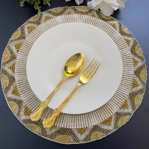 6er Set, handgefertigtes Tischset mit Perlen, 14 Zoll, goldsilber Ladeplatte - Bild 1 von 6