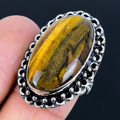Tiger Eye 925 镀银手工戒指 美国尺寸 7.5 — 第 1/3 张图片