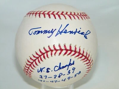 JSA RARE TOMMY HENRICH SIGNED MULTI INSCRIBED "7X WS CHAMPS" BASEBALL  - Image 1 of 4