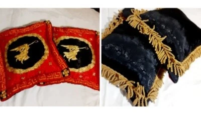 ** INCREÍBLES Almohadas de Colección Reversibles de Seda Dorado con Flecos Llave Griega Foto 1 de 4