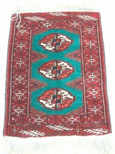 Pequeña Vintage Turkoman 3 Gul Oriental Alfombra Green Field 22x37" Toda la lana - Imagen 1 de 12