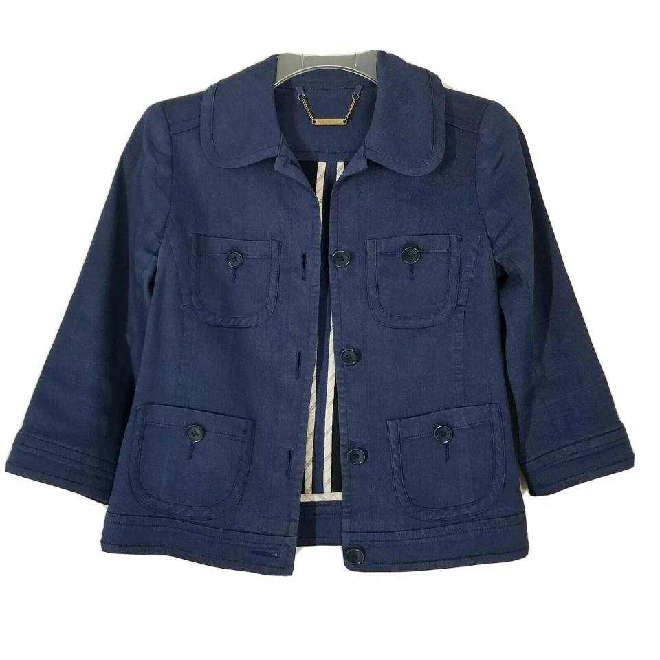 Chaqueta Trina Turk Mujer 2 Azul Jean Denim Look Manga 3/4 Blazer Mezcla Lino Foto 1 de 4