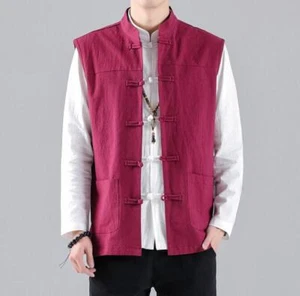 New Spring/ Fall Men's Cotton linen Vest Chinese Style buckle Jacket Sleeveless - Picture 1 of 19