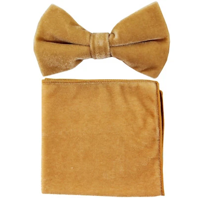  New formal Men polyester pre-tied bow tie_hankie Gold velvet wedding prom - Image 1 of 3