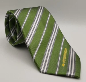 Strautmann Logo Silk Tie Green Grey White Embroidered Stripe Sournois Corporate - Picture 1 of 6