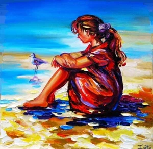 ONE DAY ON THE BEACH PALETTE KNIFE TEXTURE OIL PAINTING ART BY IVETA - Picture 1 of 9