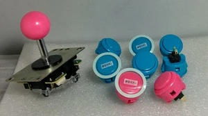 Sanwa Genuine Silent Buttons Pink+Blue & Pink Joystick Video Game Arcade Parts - Picture 1 of 3
