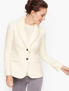 Talbots Shetland Wool Ivory Blazer Faux Fur Collar Removable Women's Size 12 - Picture 1 of 19