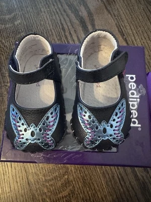 PediPed Infant 0-6 Month Mary Janes Navy Blue Leather Dress Shoes Butterfly NWT - Image 1 of 4
