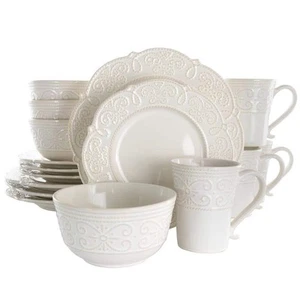 Elama Dinnerware Set White Embossed Scalloped Stoneware 16-Piece (Service for 4) - Picture 1 of 5