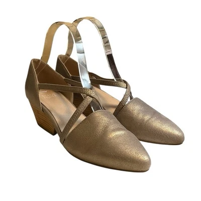 Zapatos de Tacón Bajo Eileen Fisher Talla 7 Poeta Dorado Brillo Cuero Tirantes Entrecruzados Foto 1 de 4
