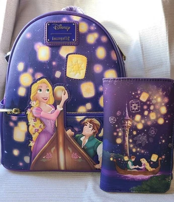New Loungefly Backpack/Wallet DISNEY Tangled RAPUNZEL Pascal Flynn Purple Lights - Image 1 of 4