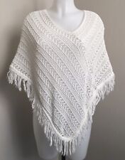  Boho Crochet Poncho with Fringe Women's White One Size Made in USA Pre-Owned