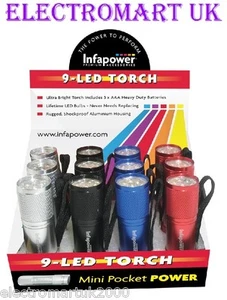 12 X 9 LED ULTRA BRIGHT METAL METALLIC TORCHES 4 COLOURS INCLUDES BATTERIES - Picture 1 of 1