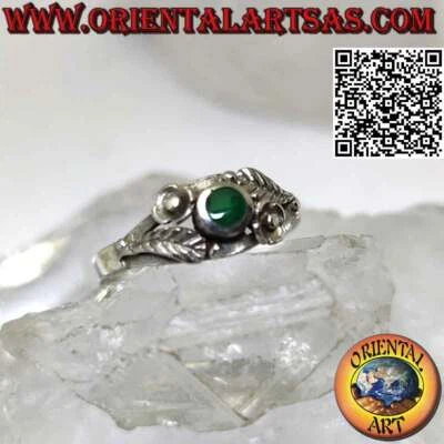 Anello in Argento 925‰ agata verde tonda, decorazioni asimmetrici di fiore e fog - Immagine 1 di 4
