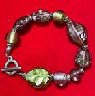 Vintage Purple Green Silver Foiled Art Glass Beads Leaf Stretch Bracelet DB4