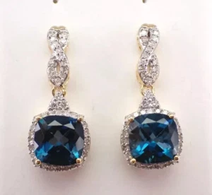 3Ct Cushion Lab-Created London Blue Topaz Dangle Earrings 14K Yellow Gold Plated - Picture 1 of 5