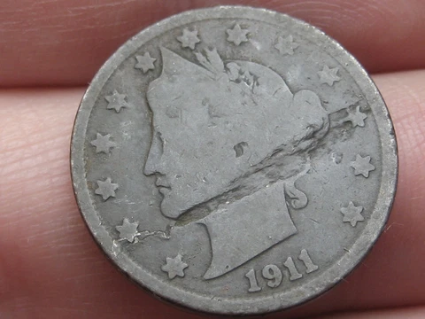 1911 Liberty Head V Nickel 5 Cent Piece- VG Details, Lamination Mint Error Cover
