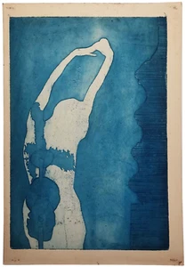 MID-20TH C AMERICAN VINT WOMAN'S SILHOUETTE W/GUITAR FIGURATIVE SERIGRAPH UNFRMD - Picture 1 of 16