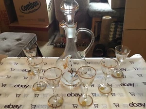 Romanian etched glass gold trim pitcher and liquor glass set - Picture 1 of 9