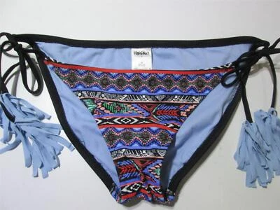 Roupa de praia Mossimo feminina tamanho M parte inferior de biquíni preta/azul gravata lateral com canecas - Imagem 1 de 4