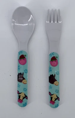 Par de utensilios para bebé cuchara y tenedor de melamina granja cerdo caballo vaca 5-1/2" Foto 1 de 2