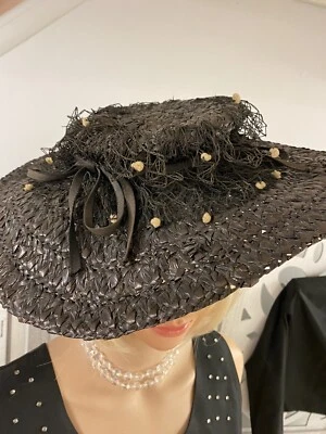 Antique Derby Hat Black Straw Netted Crown Barbara Lee for Lazarus  — 第 1/4 张图片