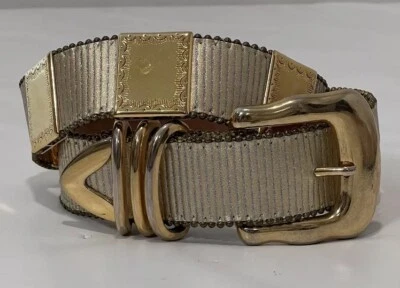 BB Simon Belt Womens 32 Gold tone Corrugated Leather Vintage Medium - Image 1 of 4