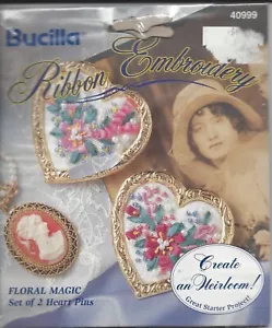 Floral Magic ~ Bucilla Ribbon Embroidery Kit #40999 - Set of 2 Heart Pins - New - Picture 1 of 2