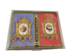 Vintage Stancraft Playing Cards Gold Framed Floral Art Red Blue Double Deck - Picture 1 of 6