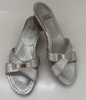 STUART WEITZMAN BANDIT Silver Leather Snake Slides Sandals 5.5M Buckle Designer - Image 1 of 4