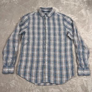 Bugatchi Hemd Herren klein blau beige kariert Button Down Shaped Fit 100% Leinen LS - Bild 1 von 13