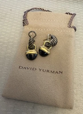David Yurman Sterling 14K Gold Onyx Earrings 925 Huggie Top with Black Teardrop - Image 1 of 4