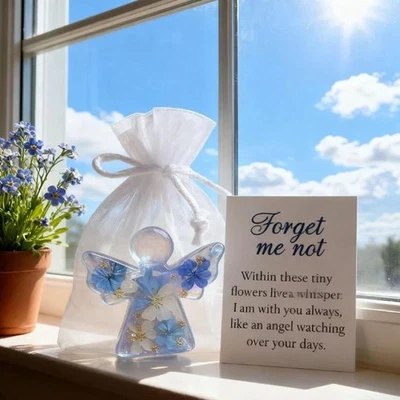 Forget Me Not Dried Flower Angel Keepsake, Mini Resin Figurine with Sympathy Car