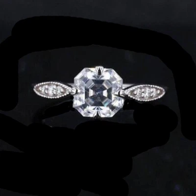 Art Deco Style 1.75 Ct Asscher Cut Diamond Engagement 14K White Gold Finish Ring - Image 1 of 4